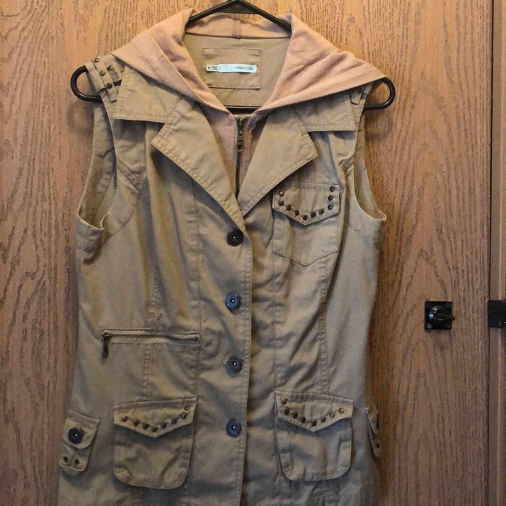 Tan zip up vest with tan hoodie attached